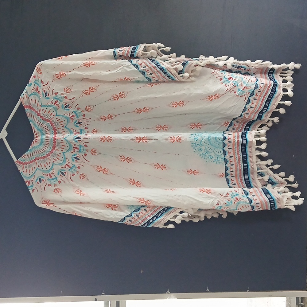 Bobbie Brooks Bohemian White Kimono with Tassels Orange white blue One Size - Picture 5 of 6
